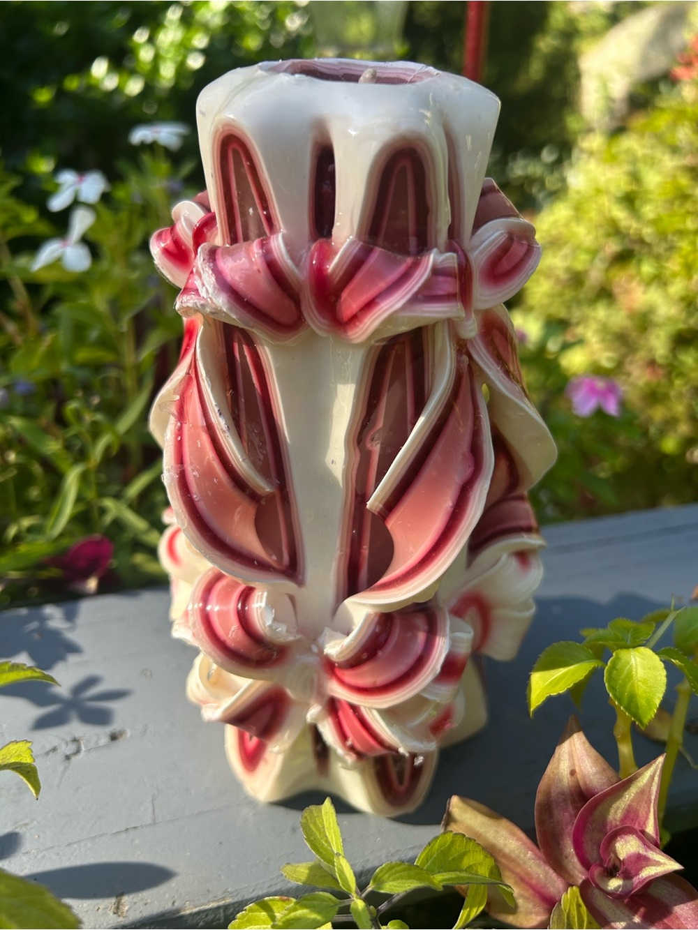 Hand-Carved Pink and Cream Decorative Sculpture Ribbon Candle 8"
